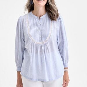 Style & Co Blue Stripe Lace Trim Pintuck Blouse Boho Peasant‎ Top Size XL